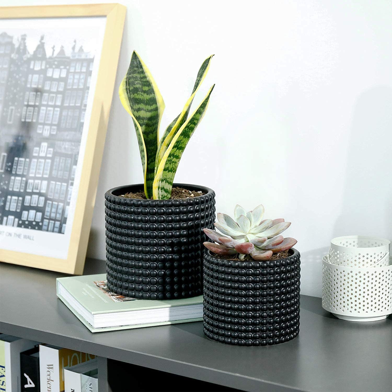 Black Ceramic Vintage Style Hobnail Patterned Planter Pots 6 and 5 Inch Containers with Watering Drain Plug for Indoor Succulent Plants or Flowers